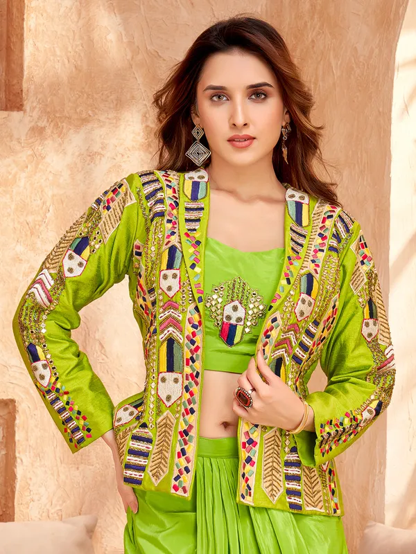 Bright green satin silk jacket style indowestern suit