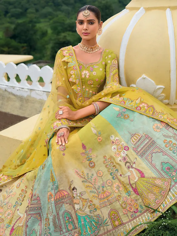 Bright green silk unstitched lehenga choli