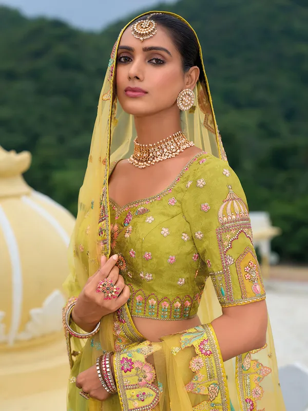 Bright green silk unstitched lehenga choli