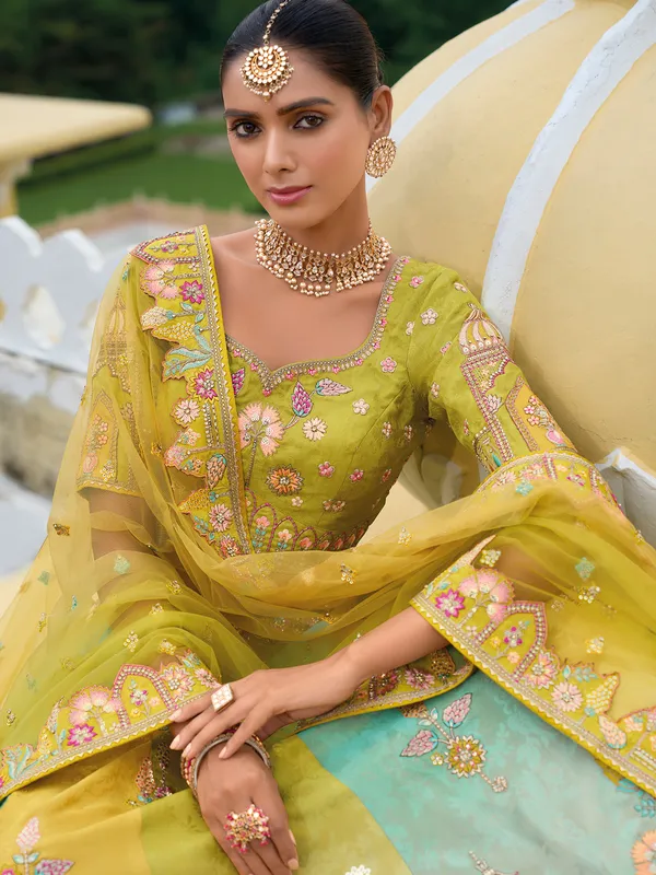 Bright green silk unstitched lehenga choli