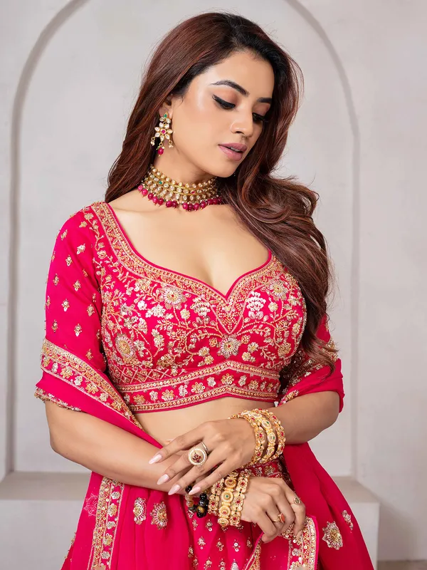 Bright pink beaded raw silk lehenga choli