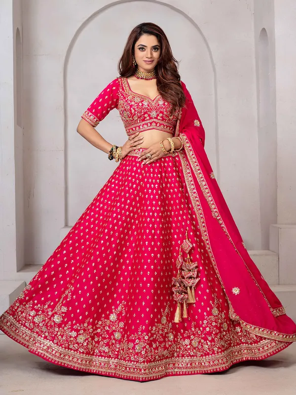 Bright pink beaded raw silk lehenga choli