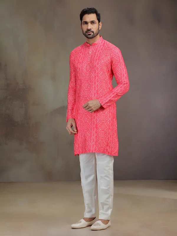 Bright pink silk printed kurta suit for men