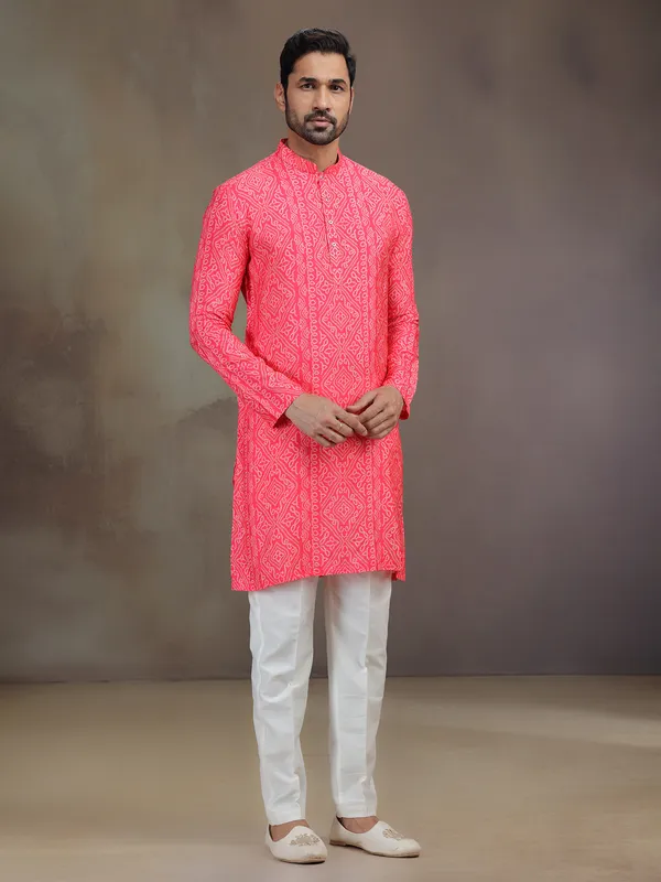 Bright pink silk printed kurta suit for men