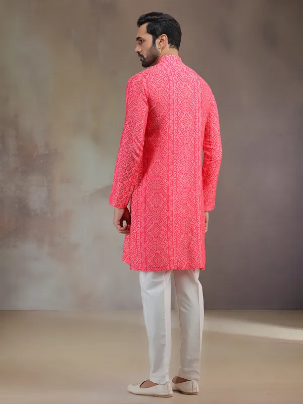 Bright pink silk printed kurta suit for men