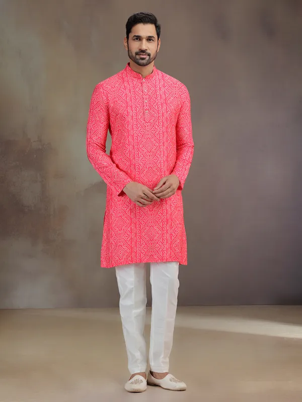 Bright pink silk printed kurta suit for men