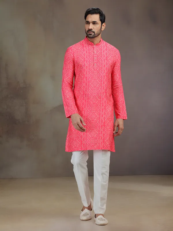 Bright pink silk printed kurta suit for men