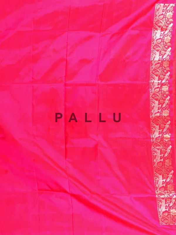 Bright pink silk saree with heavy zari work