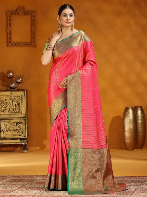 Bright Pink silk saree with zari work