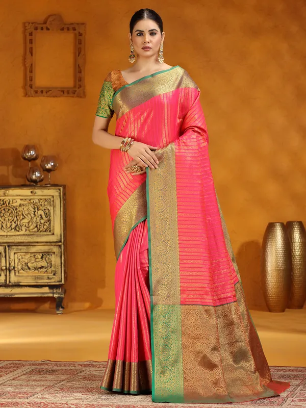 Bright Pink silk saree with zari work