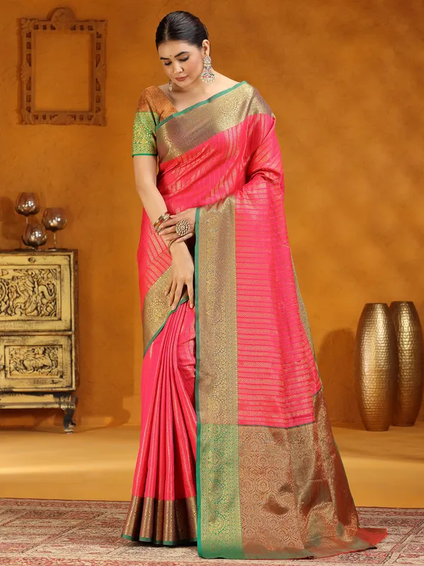 Bright Pink silk saree with zari work
