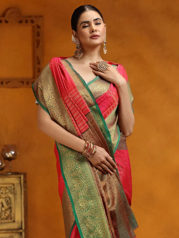 Bright Pink silk saree with zari work