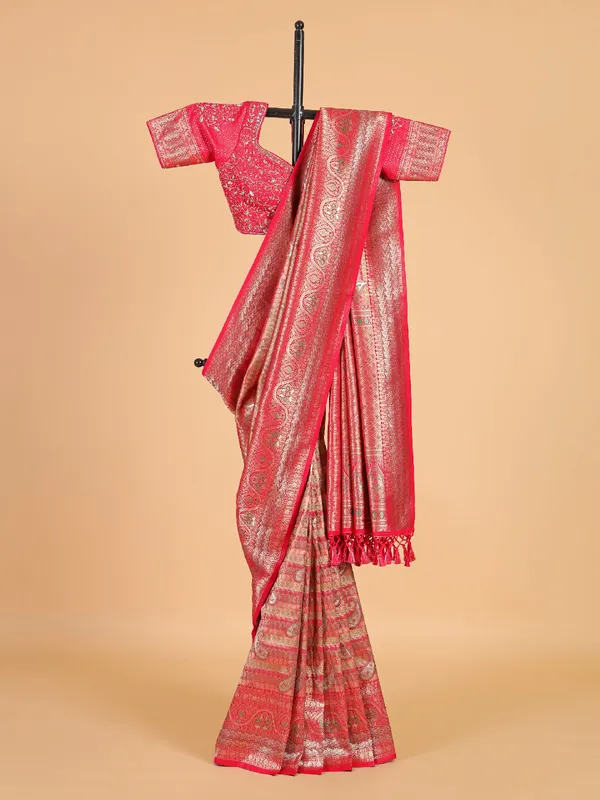 Bright pink silk thread and zari weave saree