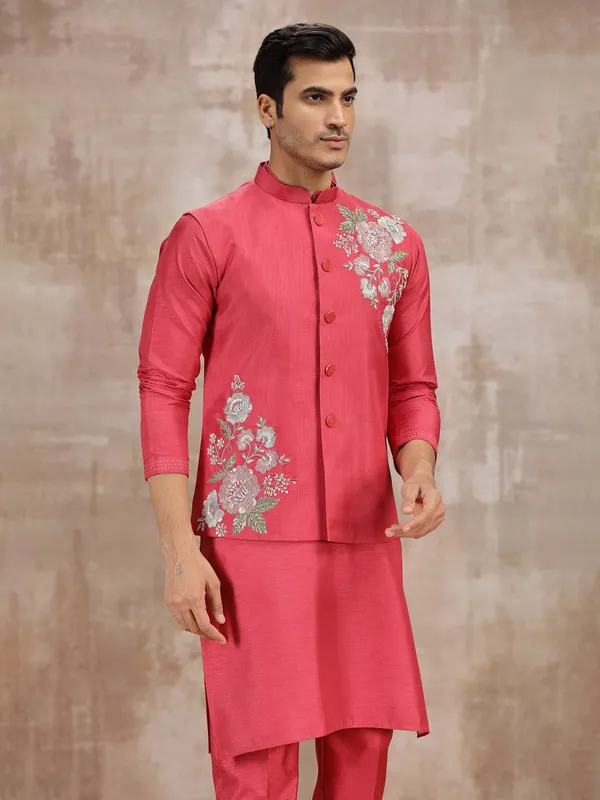 Bright pink silk waistcoat set for festival wear
