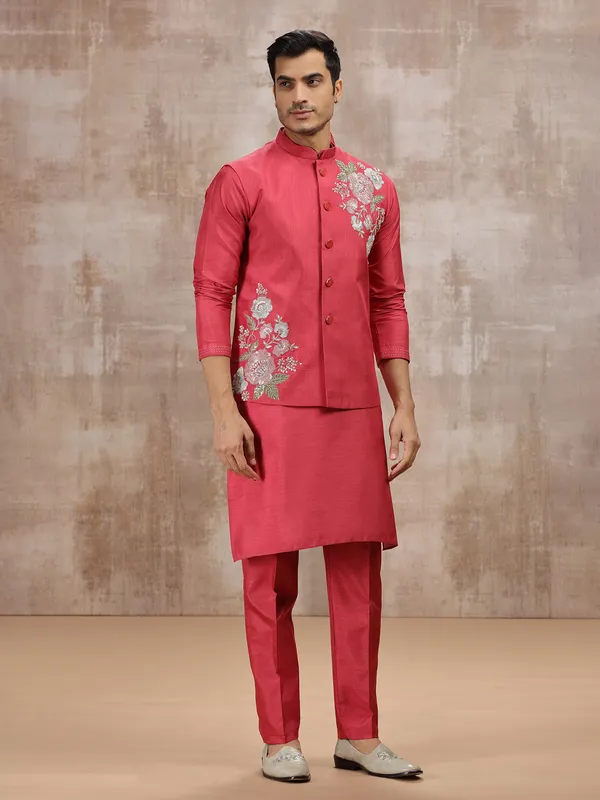 Bright pink silk waistcoat set for festival wear