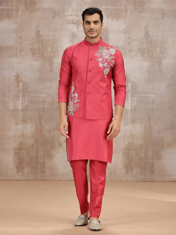Bright pink silk waistcoat set for festival wear