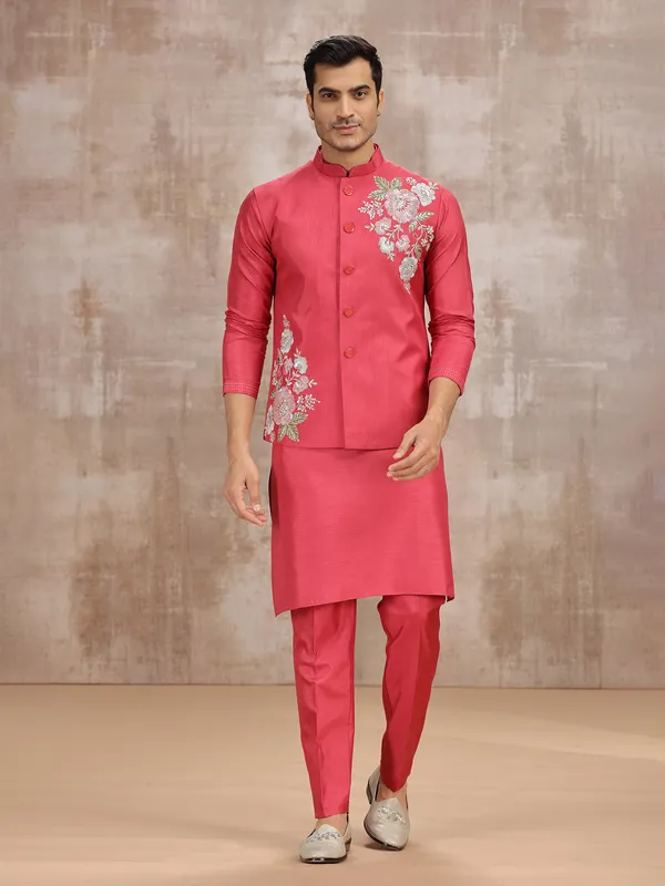 Bright pink silk waistcoat set for festival wear