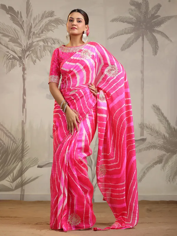 Bright pink silk zari weaving saree