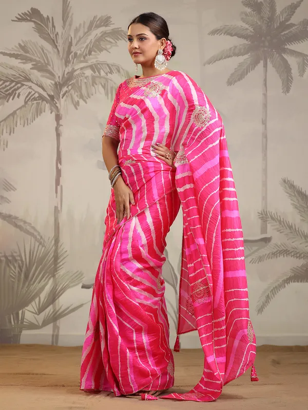 Bright pink silk zari weaving saree