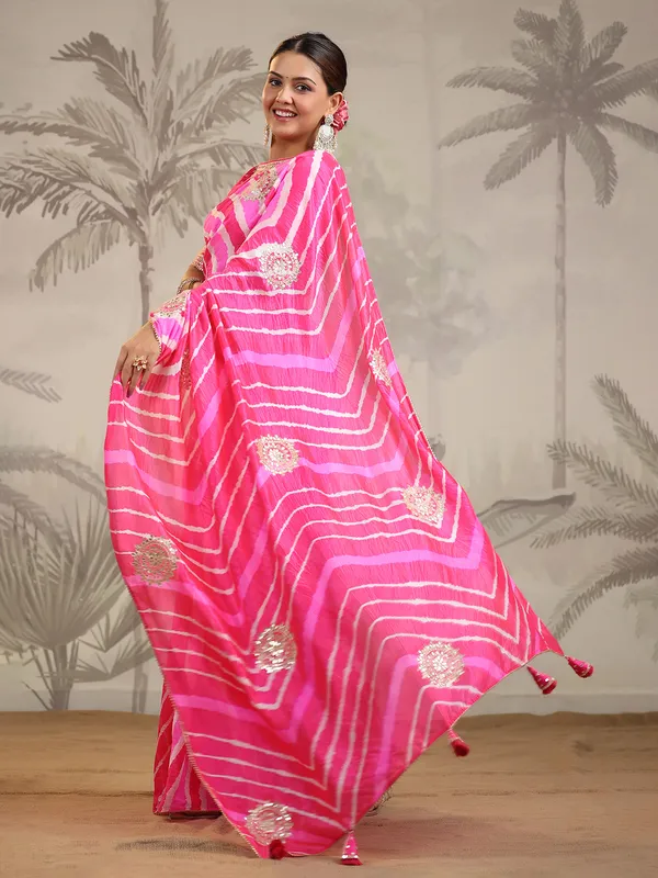 Bright pink silk zari weaving saree