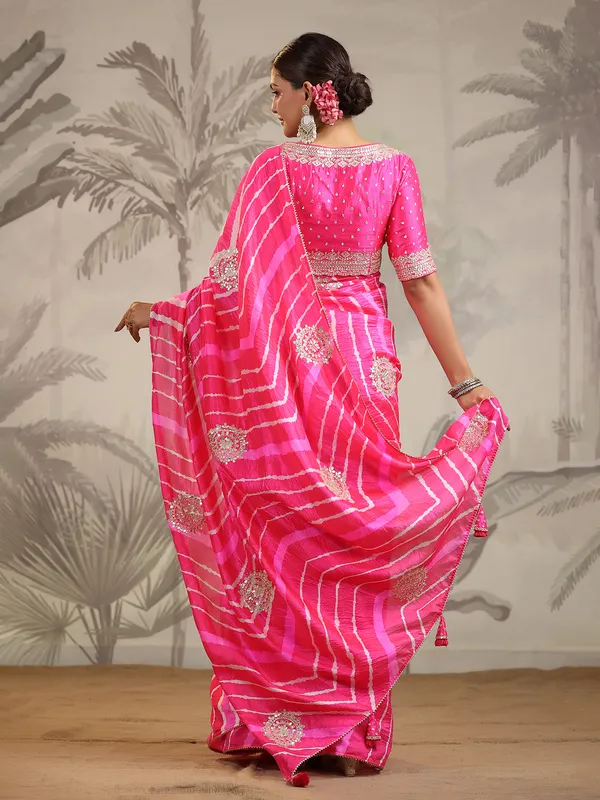 Bright pink silk zari weaving saree