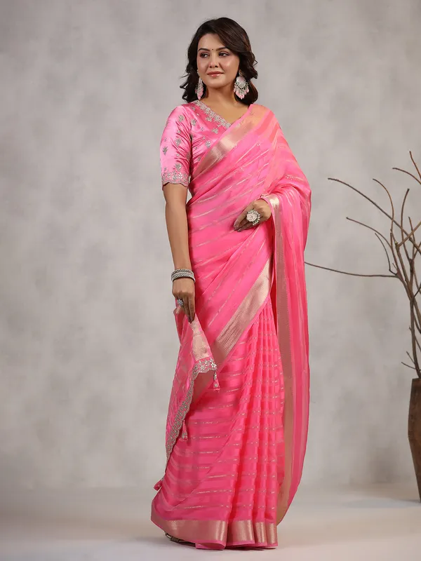 Bright pink soft organza saree