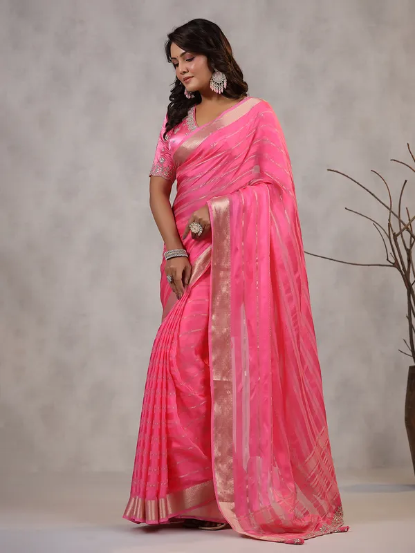 Bright pink soft organza saree