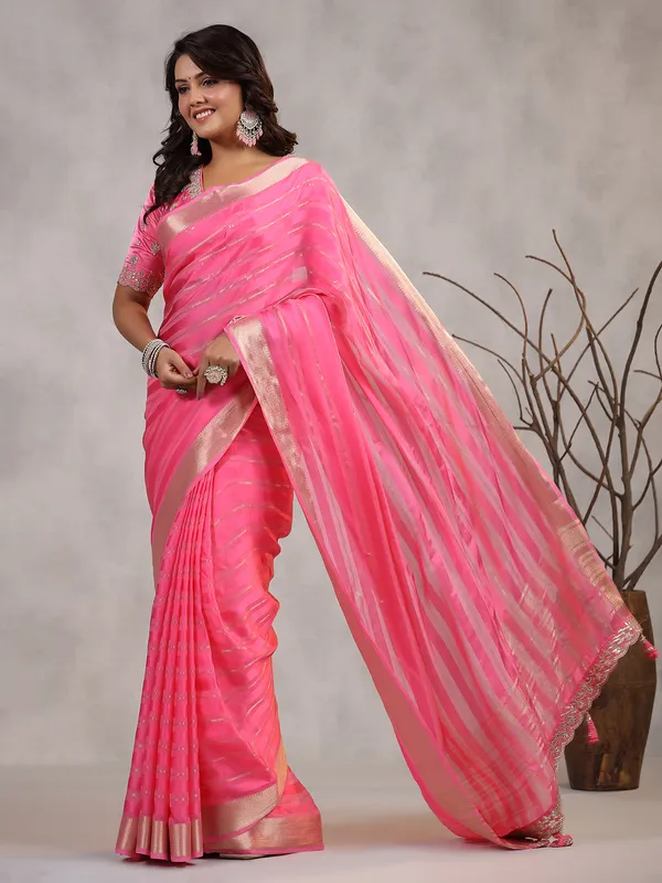 Bright pink soft organza saree