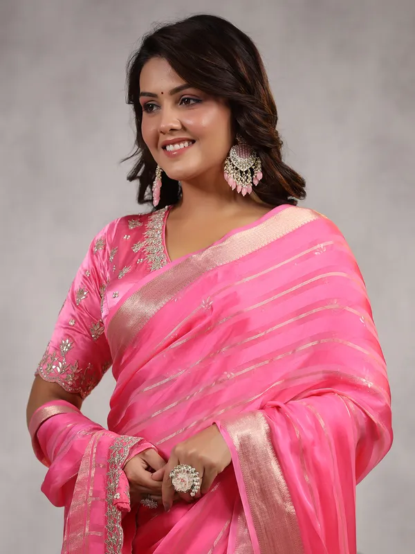 Bright pink soft organza saree