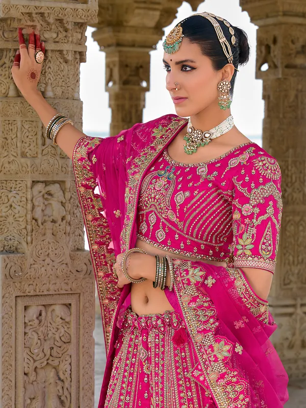 Bright pink unstitched lehenga choli in silk