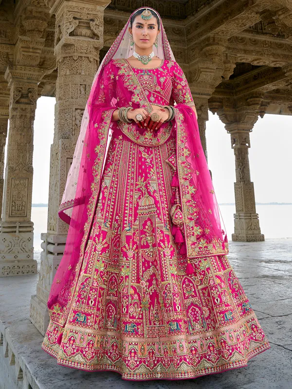 Bright pink unstitched lehenga choli in silk