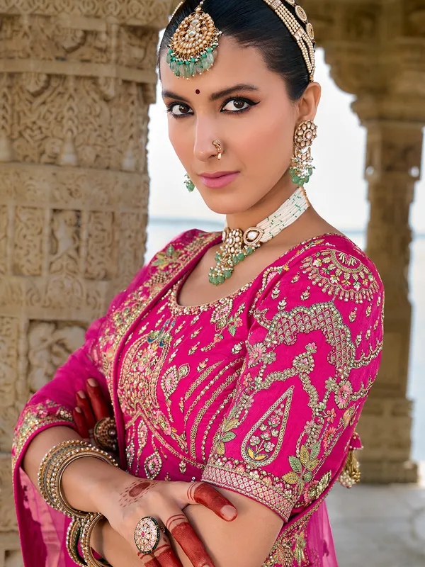 Bright pink unstitched lehenga choli in silk