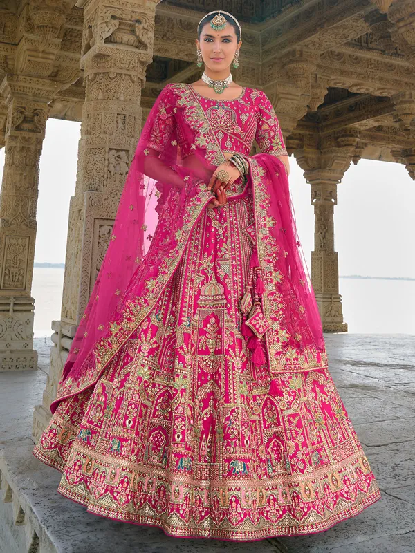 Bright pink unstitched lehenga choli in silk