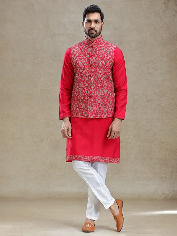 Bright red cotton silk kurta jacket set in resham