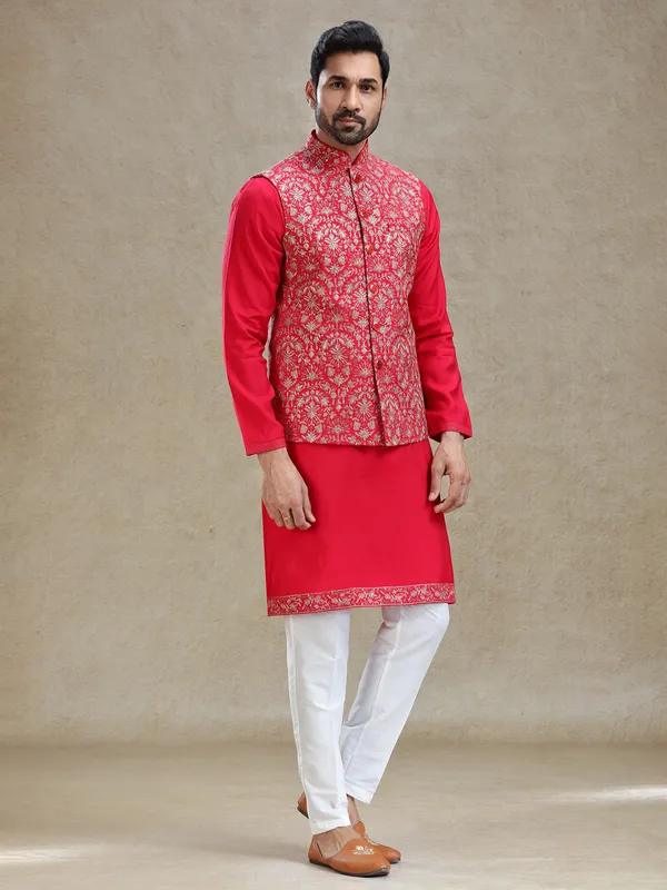 Bright red cotton silk kurta jacket set in resham