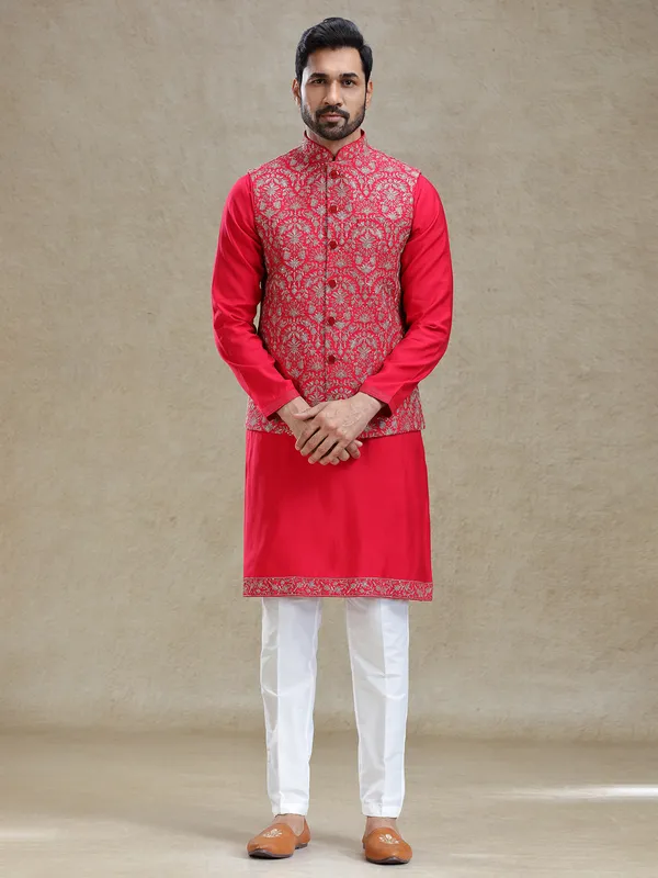Bright red cotton silk kurta jacket set in resham