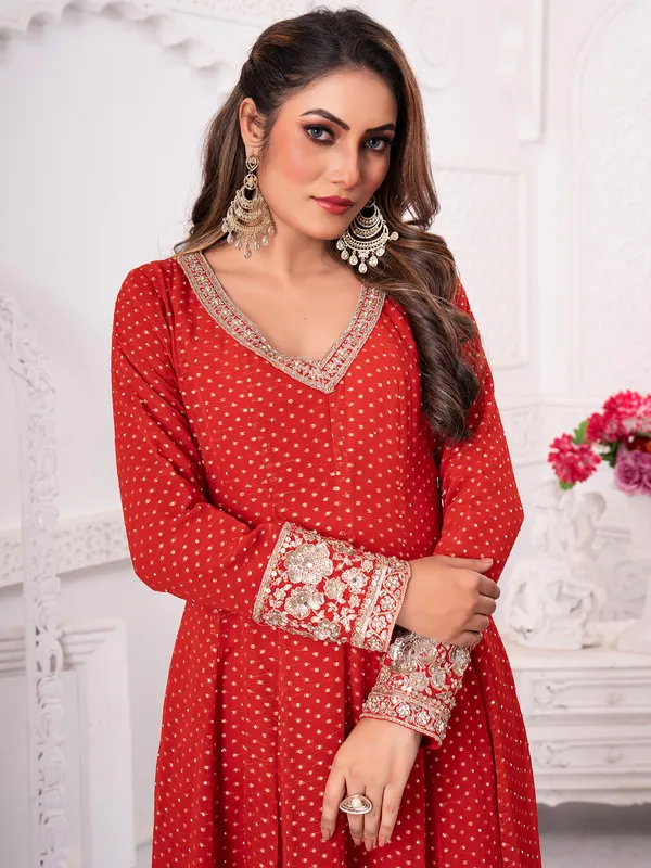 Bright red pakistani georgette palazzo suit with zari work