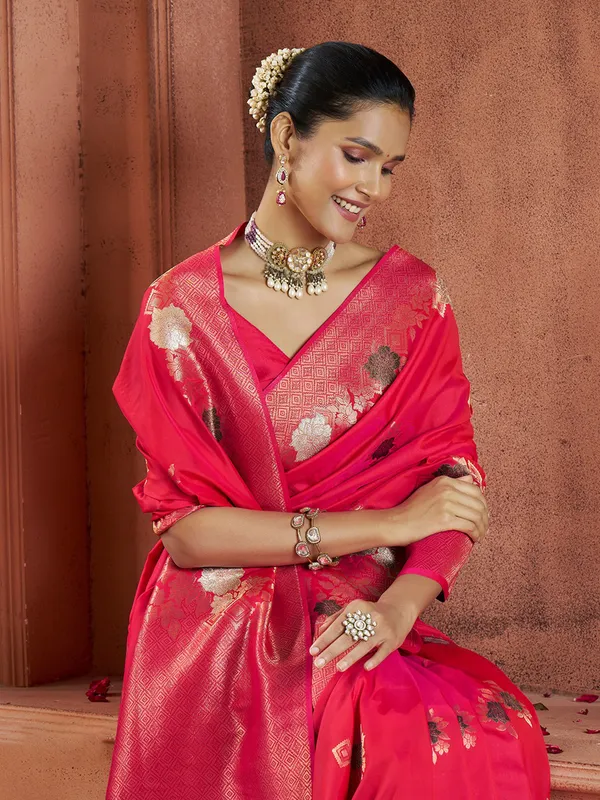 Bright red saree with contrast border