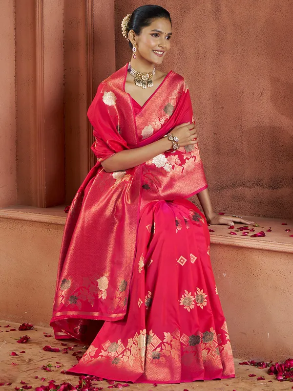 Bright red saree with contrast border
