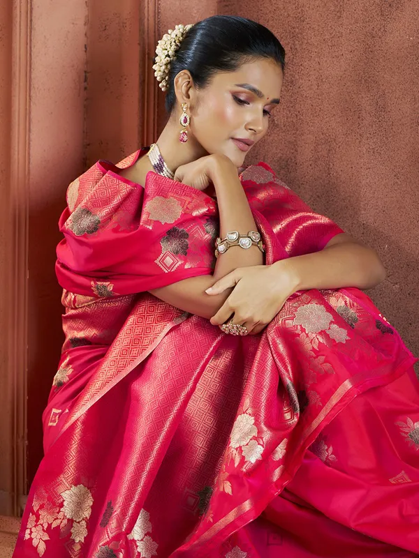 Bright red saree with contrast border