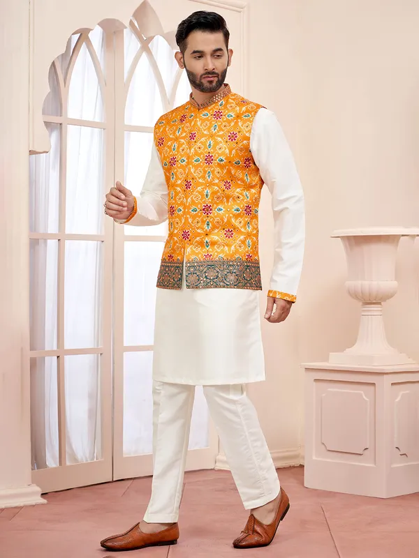 Bright yellow and white waistcoat set for men
