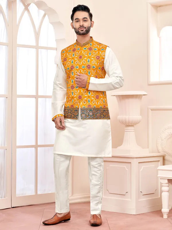 Bright yellow and white waistcoat set for men