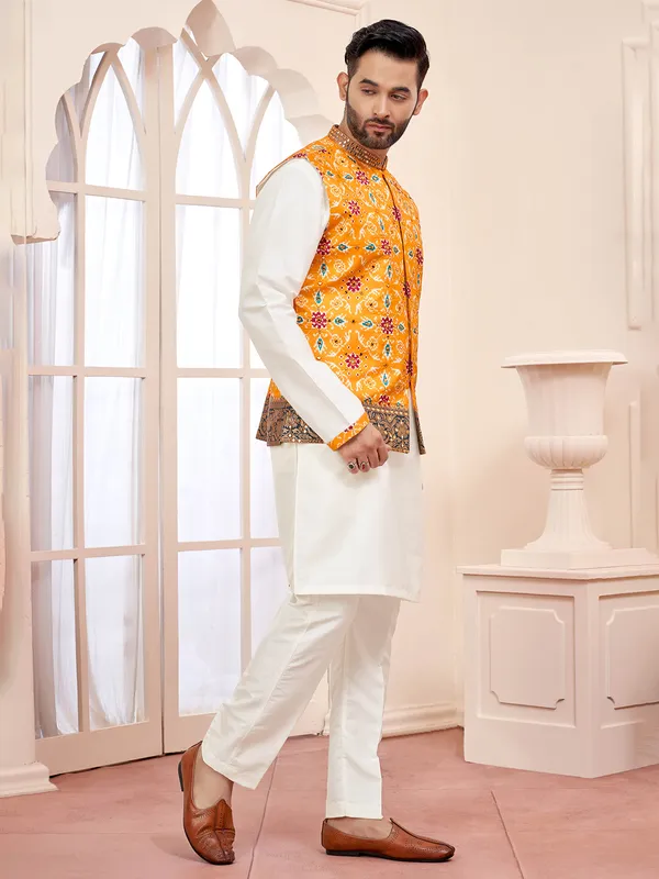 Bright yellow and white waistcoat set for men