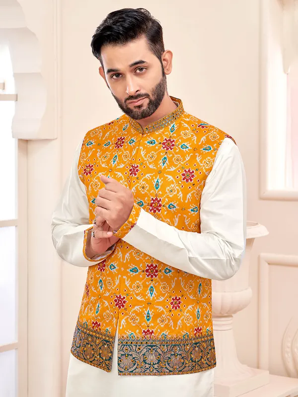 Bright yellow and white waistcoat set for men