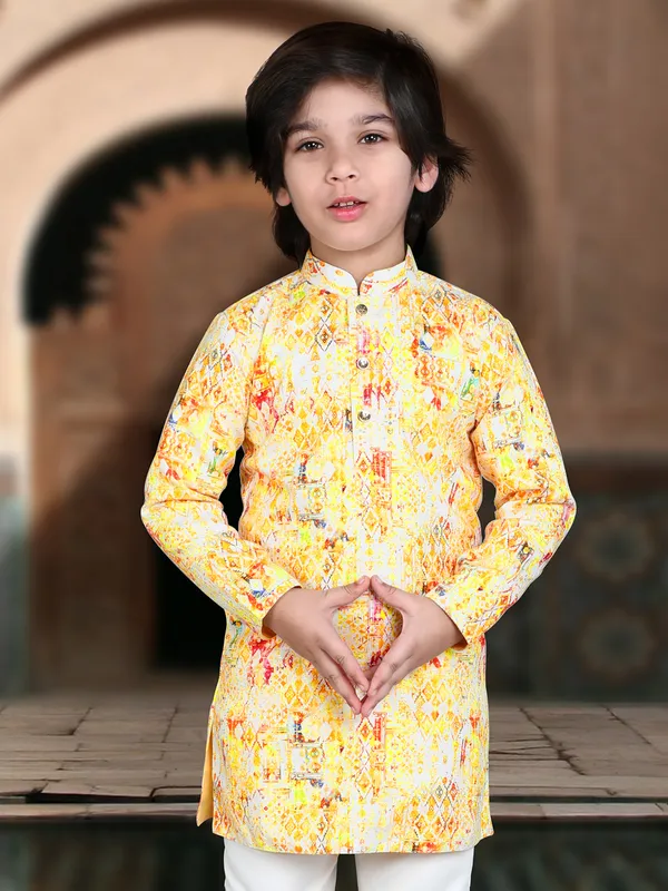 Bright yellow cotton silk kurta pant set for special occasions