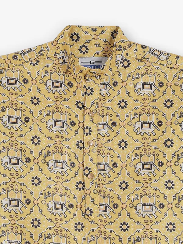 Bright yellow printed cotton silk kurta