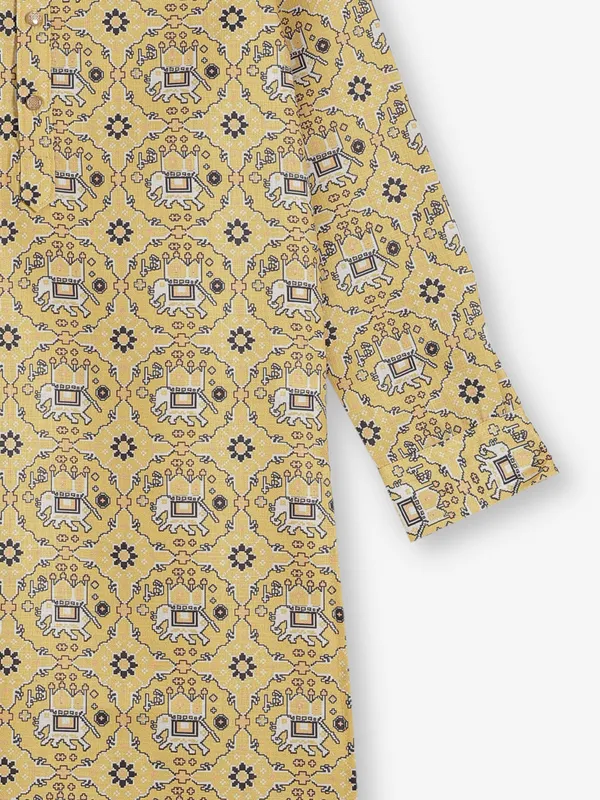 Bright yellow printed cotton silk kurta