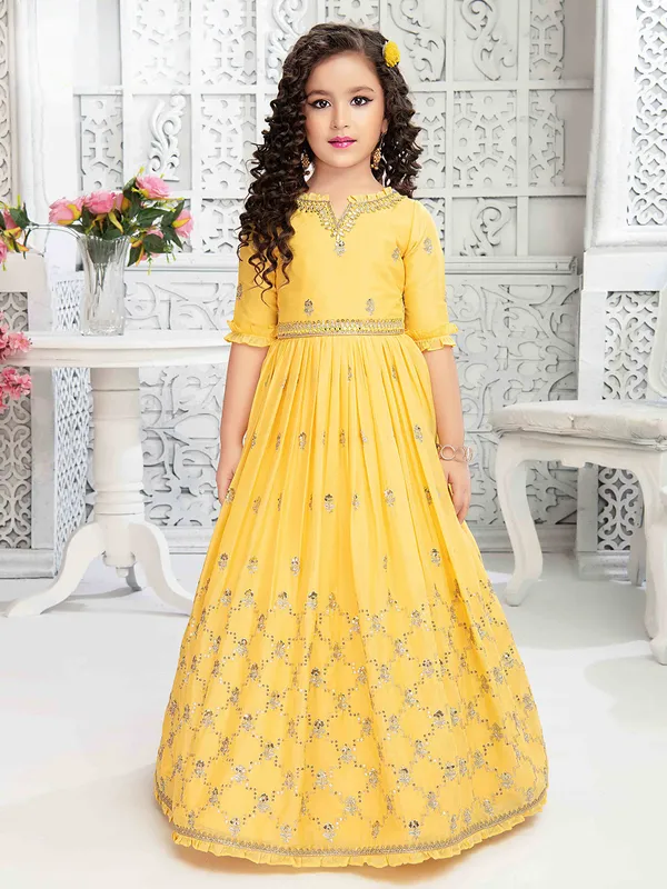 Bright yellow rich georgette party and wedding gown
