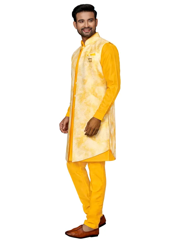 Bright yellow rich silk wedding indowestern
