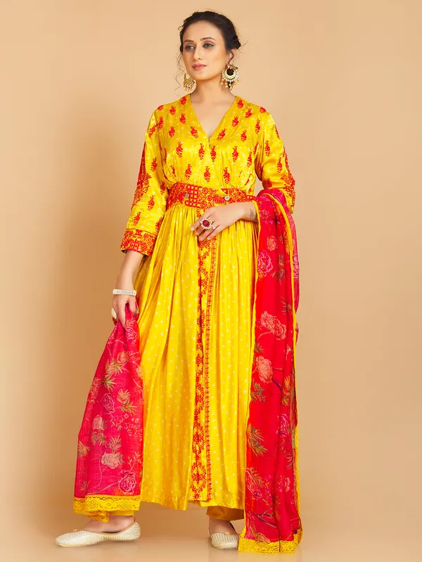 Bright yellow silk printed salwar suit